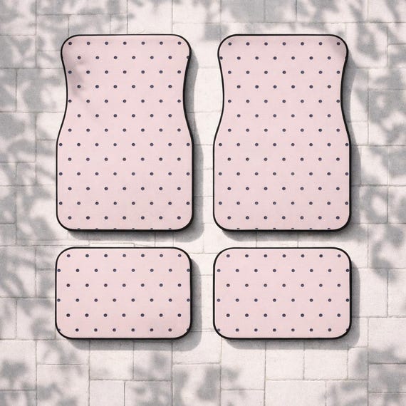 Cute Polka Dot Car Mats | Blush Pink and Navy | Non Slip Floor Mats Set | Aesthetic Car Accessories Front and Rear Mats | Gift for her