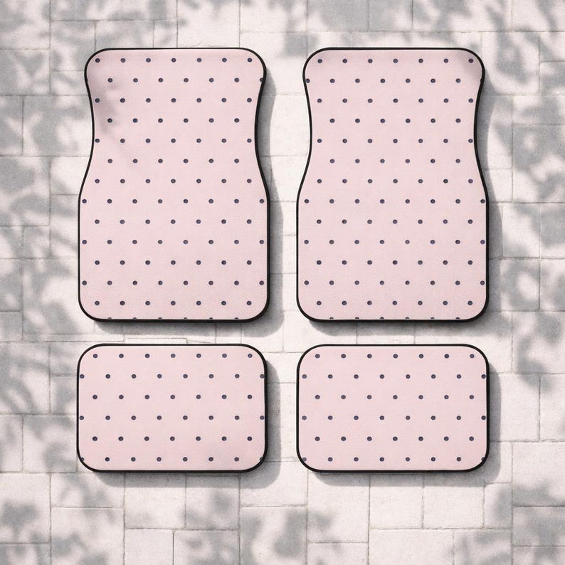 Cute Polka Dot Car Mats | Blush Pink and Navy | Non Slip Floor Mats Set | Aesthetic Car Accessories Front and Rear Mats | Gift for her image 1