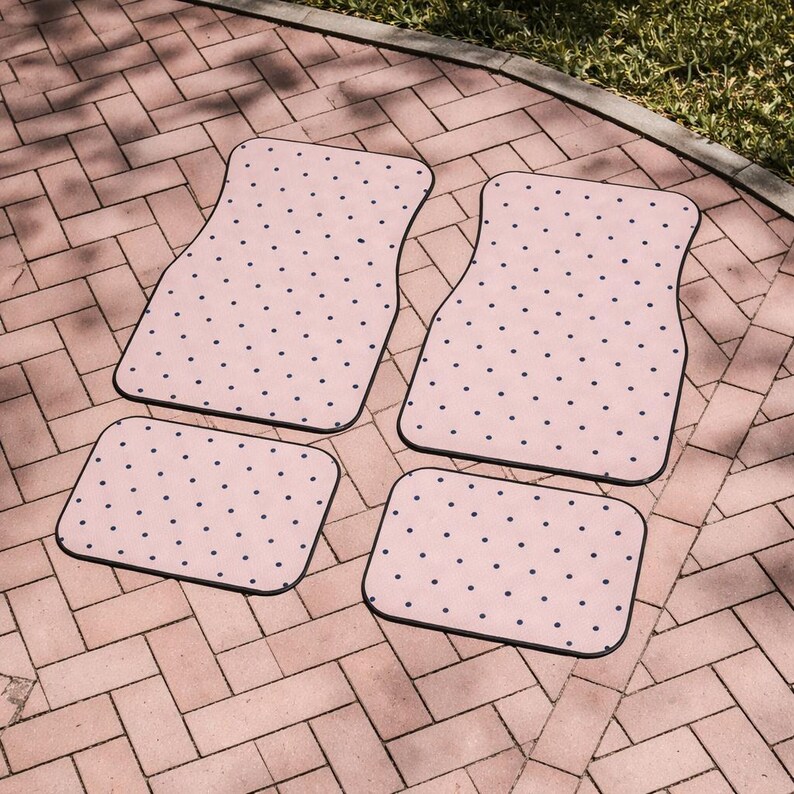 Cute Polka Dot Car Mats | Blush Pink and Navy | Non Slip Floor Mats Set | Aesthetic Car Accessories Front and Rear Mats | Gift for her image 2