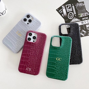 Personalized Vegan Croc Leather iPhone Case · Custom Initials Monogram Phone Cover for iPhone 16 15 14 13 12 11 Pro Max Gift