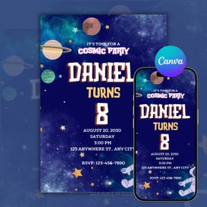 Invito per festa di compleanno a tema spaziale, invito a tema spaziale, invito a tema galassia, modello per compleanno astronauta spaziale, invito a tema pianeti dello spazio