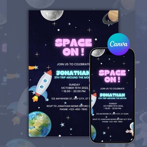 Modello di invito di compleanno per lo spazio, invito per il decollo dalla galassia, invito modificabile per astronauti con razzo e pianeti