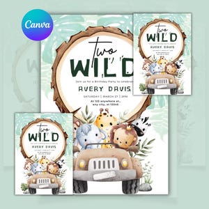 Two Wild Birthday Party Invitations Card Template, Digital Two Wild Birthday Invite, Jungle Animals Boho Birthday Invitation Party