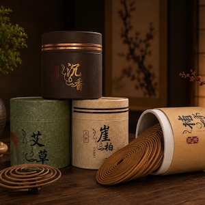 Peut inclure: Quatre récipients cylindriques aux surfaces texturées en brun foncé, vert et beige. Les récipients présentent une calligraphie dorée et noire ainsi que des sceaux rouges. Un récipient beige est couché, révélant de l'encens en spirale.