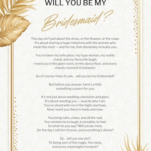 Lettera di proposta per damigella d'onore Gold Glam - Download digitale / Biglietto con poesia "Vuoi essere la mia damigella d'onore?"
