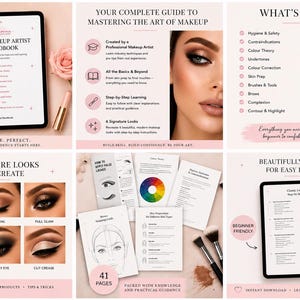 May include: A digital makeup artist handbook featuring six panels of instructional content. The guide includes a table of contents, step-by-step makeup tutorials, a list of beauty topics, signature looks, and diagrams for lash application and brow mapping.