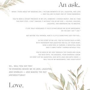 Carta de propuesta de dama de honor con un elegante diseño botánico (PDF digital/imprimible) Poema y pregunta "¿Serás mi dama de honor?"