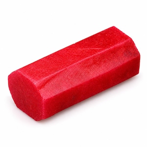 May include: A vibrant red, hexagonal-shaped gemstone crystal with a matte, textured surface. The elongated prism features six distinct sides and flat ends, showcasing a consistent, deep crimson hue throughout its solid, geometric structure.