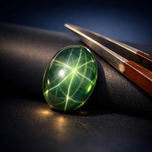 Pode incluir: Uma gema verde ovalada e polida com um padrão de luz em forma de estrela. Uma pinça com cabos de madeira está ao lado da gema. O fundo escuro realça a superfície luminosa da gema.