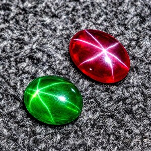 Puede incluir: Dos piedras preciosas cabujón de forma ovalada, una de color rojo vibrante y otra de color verde intenso, cada una con un patrón de estrella de seis rayos conocido como asterismo. Las piedras tienen una superficie lisa y pulida que refleja la luz.
