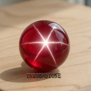May include: A polished, round, deep red gemstone with a six-pointed star effect. The gem has a glossy surface and the text "THEGEMSTONE" is visible at the bottom. The gem is set against a light brown wooden surface.