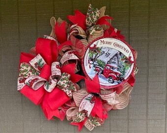 Wreath, Wreath Sign, Door Hanger, Christmas, Christmas Wreath, Christmas Decor, Christmas Door Hanger, Red Truck Wreath, Red Truck