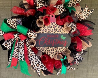 Wreath, Wreath Sign, Door Hanger, Leopard Print, Leopard Print Christmas, Christmas, Christmas Wreath, Leopard Print Wreath