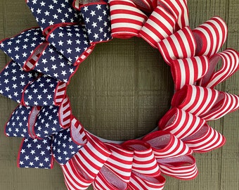 Flag Wreath, Patriotic Wreath, 4th of July Wreath, Flag Decor, Red White and Blue Wreath, Ribbon Wreath