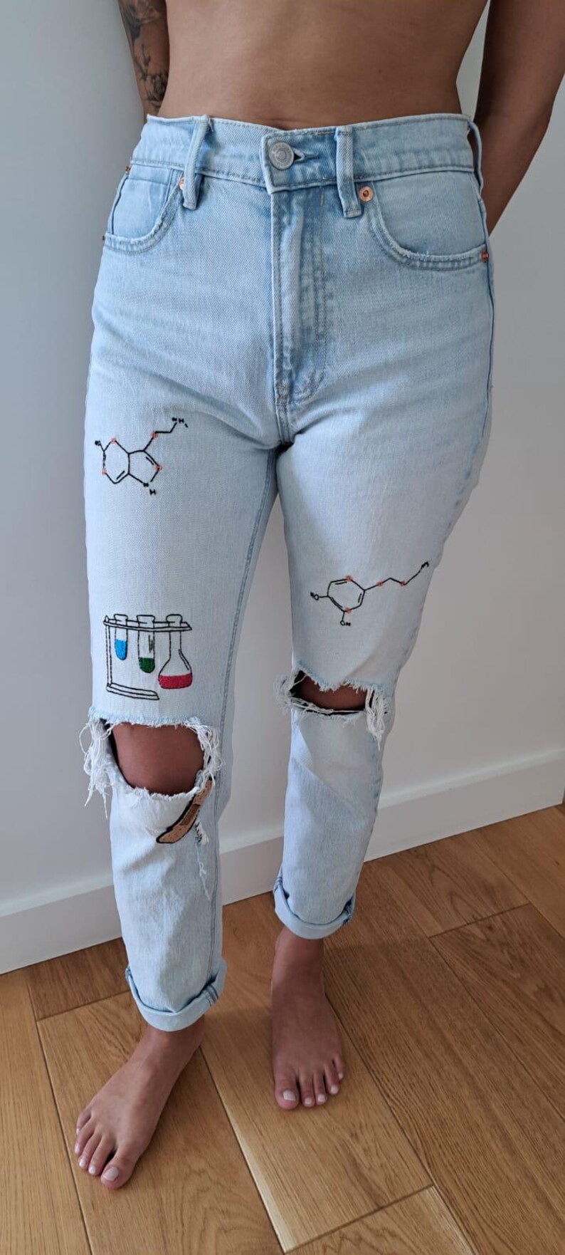 Hand-embroidered Science-themed Jeans Unique Light-wash Denim - Etsy