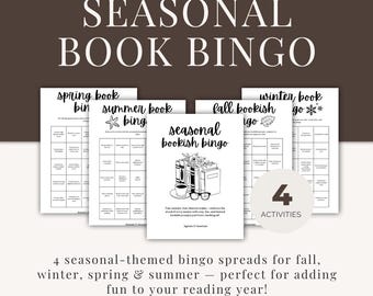 Pode incluir: Um mini-pacote intitulado "Seasonal Book Bingo" com quatro cartelas de bingo temáticas sazonais para outono, inverno, primavera e verão. As cartelas apresentam um tema de livros com ilustrações de livros, café e óculos.