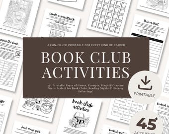 Pode incluir: Uma coleção de atividades imprimíveis para clubes de leitura, incluindo jogos, prompts e bingo. A imagem apresenta várias folhas de atividades com títulos como "Bookish Colouring Corner" e "Create a Soundtrack". O texto central diz "Book Club Activities".