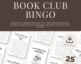 Pode incluir: Um jogo de Bingo do Clube do Livro imprimível com fundo marrom e texto branco. A imagem inclui vários cartões de bingo com vários temas, como "Bookish Activities Bingo" e "Author Spotlight Bingo". A imagem também inclui o texto "Download instantâneo".