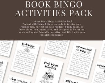 Pode incluir: Uma coleção de pacotes de atividades Book Bingo para impressão. A parte superior da imagem diz "A FUN-FILLED PRINTABLE FOR EVERY KIND OF READER" e "BOOK BINGO ACTIVITIES PACK". Os cartões de bingo são brancos com texto e ilustrações em preto. Em baixo está escrito "INSTANT DOWNLOAD".