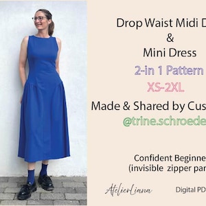 Pode incluir: Um vestido midi azul royal sem mangas com cintura baixa e saia ampla. O texto na imagem diz: Drop Waist Midi Dress & Mini Dress, 2-in 1 Pattern, XS-2XL, Made & Shared by Customers, @trine.schroeder, Confident Beginner, AtelierLiana, Digital PDF Pattern.
