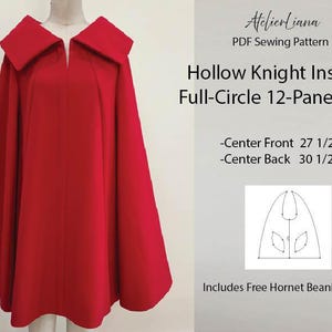 May include: A bright red full-circle 12-panel cloak with a wide collar on a dress form. Text reads: AtelierLiana PDF Sewing Pattern, Hollow Knight Inspired Full-Circle 12-Panel Cloak, Center Front 69.85 cm, Center Back 77.47 cm, Includes Free Hornet Beanie Pattern.