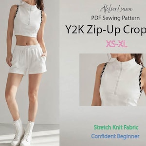 May include: A white sleeveless crop top with a front zipper and black and white striped trim, paired with matching white shorts. The text reads AtelierLiana, PDF Sewing Pattern, Y2K Zip-Up Crop Top, XS-XL, Stretch Knit Fabric, Confident Beginner.