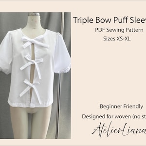 Tie front Puff Sleeve sewing pattern/ Tie front PDF sewing pattern / Summer top sewing pattern / Front tie blouse sewing pattern
