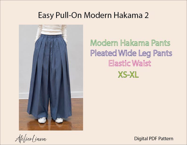 Modern Hakama Pants PDF Pattern | Pleated Wide Leg Trousers | Inseam 28" | Elastic Waist | XS-XL | A4 letter tiled, A0, Projector file image 1