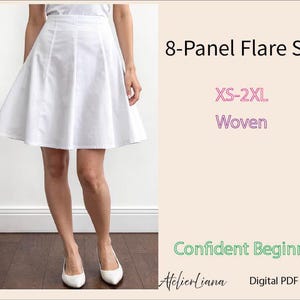 May include: A white 8-panel flare skirt with a woven texture. The text on the right side reads 8-Panel Flare Skirt, XS-2XL, Woven, Confident Beginner, and AtelierLiana Digital PDF Pattern. The skirt features vertical seams and a flared hemline.