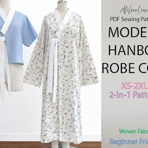 May include: A PDF sewing pattern for a modern Hanbok robe coat, featuring a short-sleeved light blue top and a long-sleeved floral print robe, both with white wrap-around ties. Text includes AtelierLiana, Modern Hanbok Robe Coat, XS-2XL, 2-in-1 Pattern.