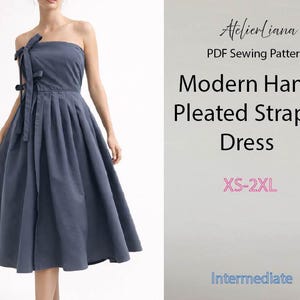 May include: A slate blue strapless dress with a pleated skirt and a side tie closure. The text reads: AtelierLiana, PDF Sewing Pattern, Modern Hanbok Pleated Strapless Dress, XS-2XL, Intermediate. This is a digital sewing pattern for a dress.