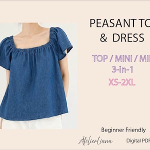Peasant Top Mini Midi Dress PDF sewing pattern | Square Neck Blouse | Puff Sleeve | Beginner Friendly | XS–XXL