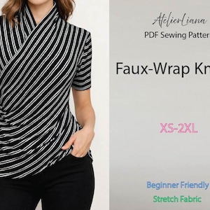 May include: A short-sleeve faux-wrap knit top with a black and white diagonal stripe pattern. The text reads: AtelierLiana, PDF Sewing Pattern, Faux-Wrap Knit Top, XS-2XL, Beginner Friendly, Stretch Fabric. The top features a V-neckline.