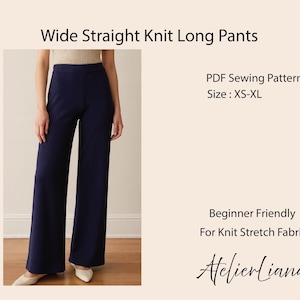 May include: Navy blue wide-leg knit pants. The pants are shown on a person. The image also includes text that reads "Wide Straight Knit Long Pants", "PDF Sewing Pattern", "Size: XS-XL", "Beginner Friendly", and "For Knit Stretch Fabric".