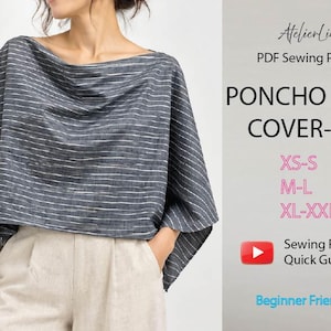 May include: A dark gray poncho crop cover-up with thin white horizontal stripes. The text reads: AtelierLiana, PDF Sewing Pattern, PONCHO CROP COVER-UP, XS-S, M-L, XL-XXL, Sewing Reference Quick Guide, Beginner Friendly.