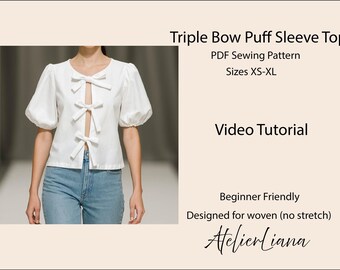 Tie Front Puff Sleeve Top Sewing Pattern (PDF)
