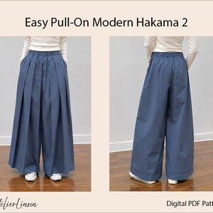 May include: Blue wide-leg trousers with a pleated front and elastic waistband, shown from front and back views. The text "Easy Pull-On Modern Hakama 2" and "Atelierliana Digital PDF Pattern" is visible on the light background surrounding the garment.