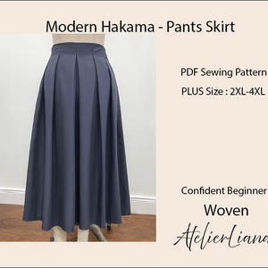 May include: A navy blue Modern Hakama pants skirt, a PDF sewing pattern for plus sizes 2XL-4XL. The skirt is pleated and has a flowing, wide-leg design. The text "Confident Beginner" and "Woven" are also visible.