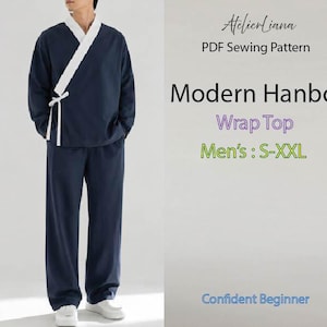 Op de afbeelding: Een marineblauw overslagshirt en bijpassende broek met witte kraagafwerking en een striksluiting aan de zijkant. De tekst luidt: AtelierLiana, PDF Sewing Pattern, Modern Hanbok, Wrap Top, S-XXL, Confident Beginner. Het kledingstuk heeft lange mouwen en een losse pasvorm.