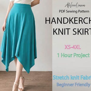 May include: A teal handkerchief knit skirt with an asymmetrical hemline. The text reads: AtelierLiana, PDF Sewing Pattern, HANDKERCHIEF KNIT SKIRT, XS-4XL, 1 Hour Project, Stretch knit Fabric, Beginner Friendly. The skirt has a high waist and flowy drape.