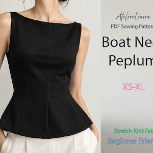 Può includere: Un top nero senza maniche con baschina e scollo a barchetta. Il testo a destra recita: AtelierLiana, PDF Sewing Pattern, Boat Neck Peplum, XS-XL, Stretch Knit Fabric, Beginner Friendly. Il top presenta cuciture verticali e una vita svasata.