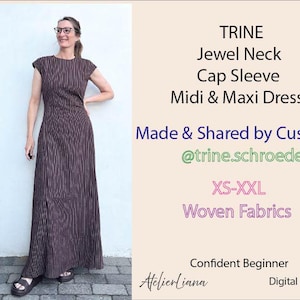Könnte beinhalten: Ein bodenlanges braunes Kleid mit dünnen vertikalen Streifen, Rundhalsausschnitt und kurzen Ärmeln. Der Text lautet: TRINE Jewel Neck Cap Sleeve Midi & Maxi Dress, Made & Shared by Customers @trine.schroeder, XS-XXL, Woven Fabrics, Confident Beginner, AtelierLiana, Digital PDF Pattern.