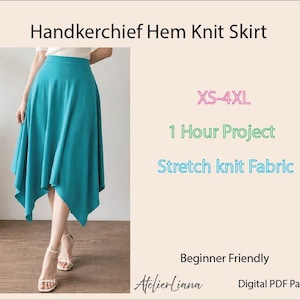 Peut inclure: Une jupe en tricot bleu sarcelle avec un ourlet en mouchoir. Le texte sur l'image indique : Handkerchief Hem Knit Skirt, XS-4XL, 1 Hour Project, Stretch knit Fabric, Beginner Friendly, AtelierLiana, Digital PDF Pattern. Jupe taille haute et fluide.