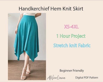 Handkerchief Hem Knit Skirt PDF Pattern | Beginner Sewing, Flowy Jersey (XS-4XL)