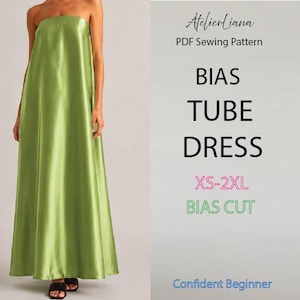 Op de afbeelding: Een vloerlange, limoengroene strapless buisjurk met een gladde, satijnachtige afwerking. De tekst rechts luidt: AtelierLiana, PDF Sewing Pattern, BIAS TUBE DRESS, XS-2XL, BIAS CUT, Confident Beginner.