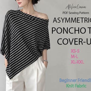 Könnte beinhalten: Ein asymmetrisches Poncho-Oberteil mit schwarz-weißen diagonalen Streifen. Der Text lautet: AtelierLiana PDF Sewing Pattern ASYMMETRICAL PONCHO TOP COVER-UP XS-S M-L XL-XXL Beginner Friendly Knit Fabric. Das Oberteil wird mit einer weißen Hose getragen.