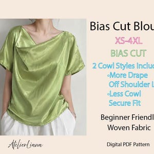 Könnte beinhalten: Eine hellgrüne Satinbluse mit Wasserfall-Ausschnitt und kurzen Ärmeln. Der Text auf dem Bild lautet: Bias Cut Blouse, XS-4XL, BIAS CUT, 2 Cowl Styles Included, More Drape, Off Shoulder Look, Less Cowl, Secure Fit, Beginner Friendly, Woven Fabric, Atelierliana, Digital PDF Pattern.