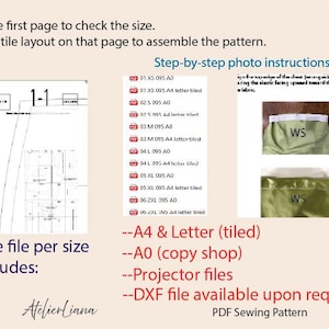 Pu&ograve; includere: Un documento di cartamodello PDF digitale con istruzioni ed elenchi di file. Il testo include: Print the first page to check the size. Use the tile layout on that page to assemble the pattern. Step-by-step photo instructions. One file per size. Includes: A4 & Letter (tiled), A0 (copy shop), Projector files, DXF file available upon request, PDF Sewing Pattern e AtelierLiana.
