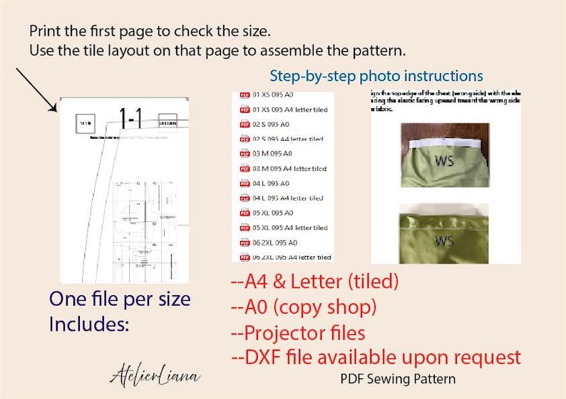 Pu&ograve; includere: Un documento di cartamodello PDF digitale con istruzioni ed elenchi di file. Il testo include: Print the first page to check the size. Use the tile layout on that page to assemble the pattern. Step-by-step photo instructions. One file per size. Includes: A4 & Letter (tiled), A0 (copy shop), Projector files, DXF file available upon request, PDF Sewing Pattern e AtelierLiana.