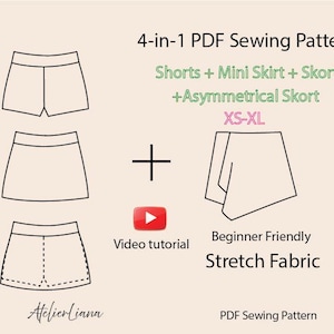 May include: A 4-in-1 PDF sewing pattern for shorts, a mini skirt, a skort, and an asymmetrical skort in sizes XS-XL. The graphic includes line drawings of the garments, a YouTube video tutorial icon, and the text: Beginner Friendly Stretch Fabric.